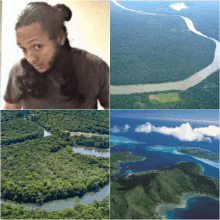 a collage of images shows a man a river and islands