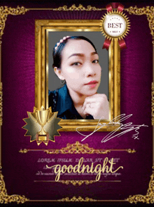 a picture of a woman in a gold frame with the words goodnight on it