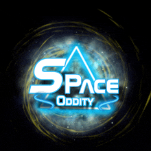 a logo for space oddity with a blue triangle in the center