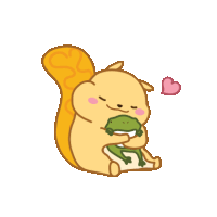 a cartoon drawing of a squirrel holding a frog with a heart above it