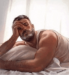 a man with a beard is laying on a bed with his hand on his forehead .