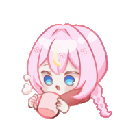 a drawing of a girl with pink hair and blue eyes holding a cup