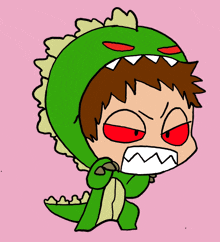 a cartoon of a boy dressed as a dinosaur with red eyes