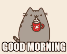 a cartoon cat is holding a cup of coffee and the words good morning are below it