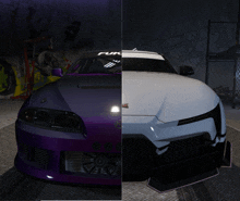 a purple car and a white car are side by side in a garage