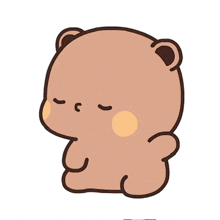 a brown teddy bear is sitting down with its eyes closed and a yellow spot on its cheek .