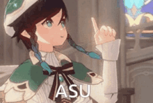 a girl with braids is pointing up with her finger and says asu .