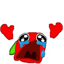 a red cartoon character is crying with two red hearts around it .