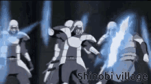 a group of ninjas are standing next to each other in a dark room with the words shinobi village written on the bottom .