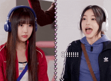 two girls wearing headphones are standing next to each other and one of them is wearing an adidas jacket
