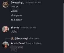 a screenshot of a conversation between swoopingl and amolddead