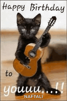 a black cat is playing a guitar on a birthday card