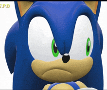 a close up of sonic the hedgehog 's face with s.p.d written on the bottom