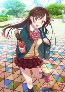 a girl in a school uniform is holding an ice cream bar