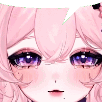 a close up of a girl with pink hair and purple eyes crying