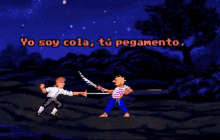 a video game shows two men fighting each other and the words yo soy cola tu pegamento