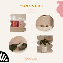 an advertisement for mama 's gift shows a book a plant and an hourglass