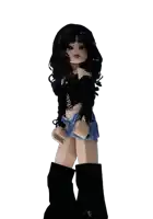 a doll with long black hair is wearing shorts and boots