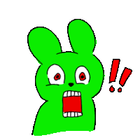 a green cartoon rabbit with red eyes and a red exclamation point behind it