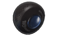 a black ball with a blue button that says oil