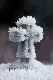 a cross covered in frost is sitting in the snow .