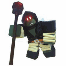 a 3d rendering of a roblox character with red eyes and a hood holding a staff .