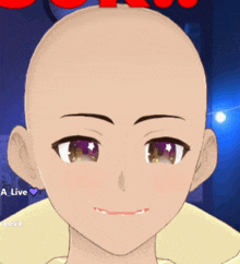 a close up of a bald anime character 's face with the words a live love below it