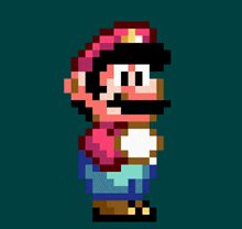 a pixel art of mario wearing overalls and a red cap