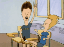 beavis and butthead are sitting in a classroom and one is wearing an ac dc shirt