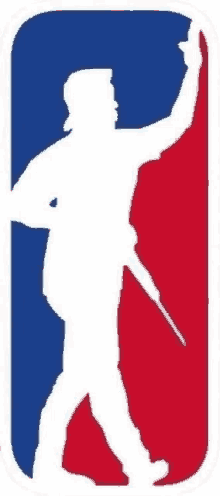 a silhouette of a man holding a gun in a red , white and blue logo