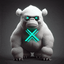 a white gorilla wearing sunglasses has a green glowing x around its neck