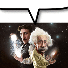 a cartoon of einstein and nikola tesla holding lightning