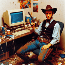 a man in a cowboy hat is sitting in front of a computer and holding a gun