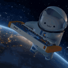 a cat in a space suit is playing a keyboard in space