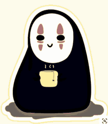 a cartoon character with no face holding a cup of tea