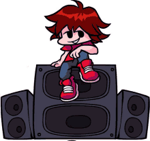 a cartoon character with red hair is sitting on a speaker