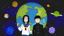 a boy and a girl standing in front of a globe