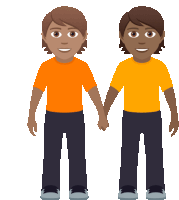 a cartoon of two men holding hands with one wearing an orange shirt and the other a yellow shirt