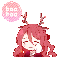 a girl with antlers is crying with a speech bubble saying boo hoo