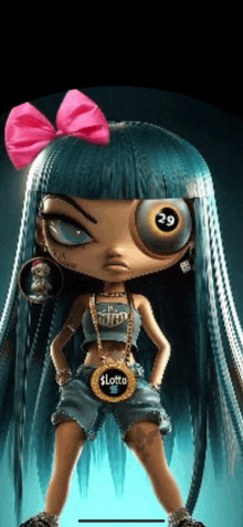 a doll with blue hair and a pink bow is wearing a lotto necklace