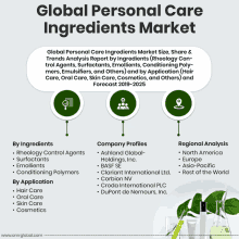 a poster titled global personal care ingredients market by ingredients company profiles by application and regional analysis