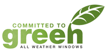 a logo for committed to green all weather windows with a green leaf