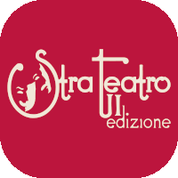 a logo for stra teatro edizione with two faces on a red background