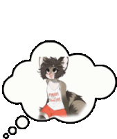 a cartoon of a raccoon wearing a tank top and shorts is sitting in a thought bubble .