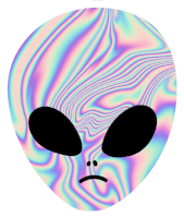 a drawing of an alien with a sad face on a rainbow background