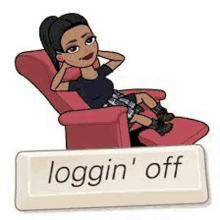 a cartoon woman is sitting in a chair next to a button that says loggin off .