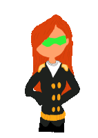 a cartoon drawing of a girl with red hair wearing a black jacket and green goggles