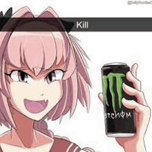 a pink haired anime girl is holding a can of monster energy drink .