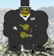 a cartoon of a man sitting on a pile of money with a label that says " based department "