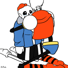 a drawing of a skeleton carrying another skeleton on his back with the letters a and b on the bottom right